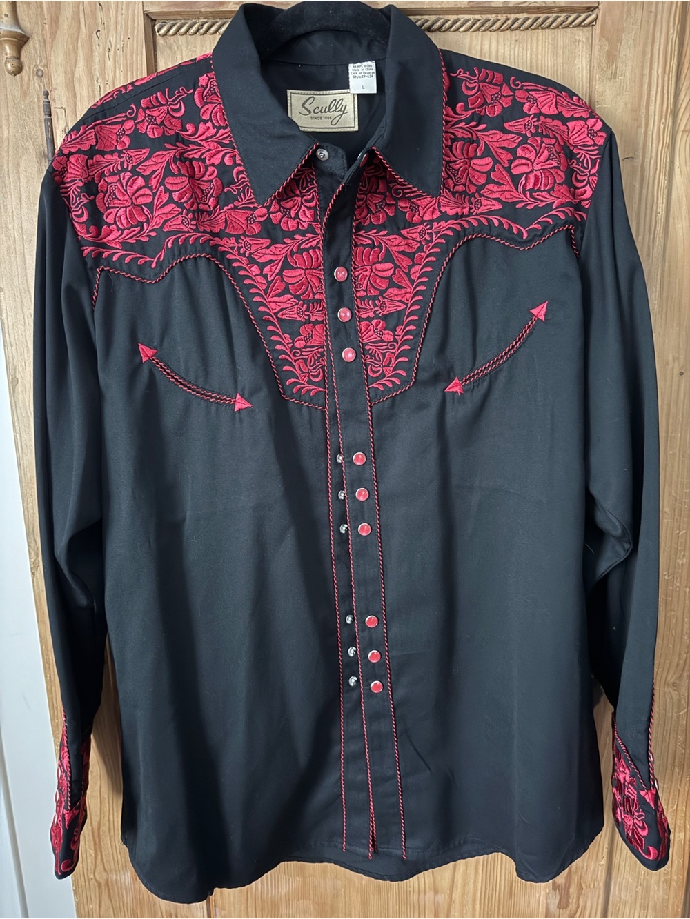 Scully Black Western Shirt with Red Floral Yoke & Embroidery